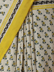 Hand Block Printed Cream Cotton Mulmul saree