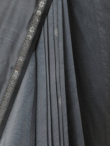 Maheshwari Cotton Silk Grey Chameli Butta Saree with Silver Border