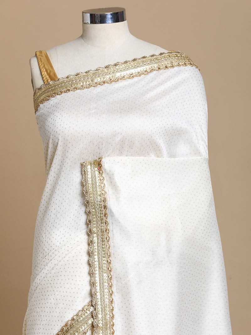 Anwesha x Tyohaar | White Foil Chandheri Saree With Designer Embroidered Lace