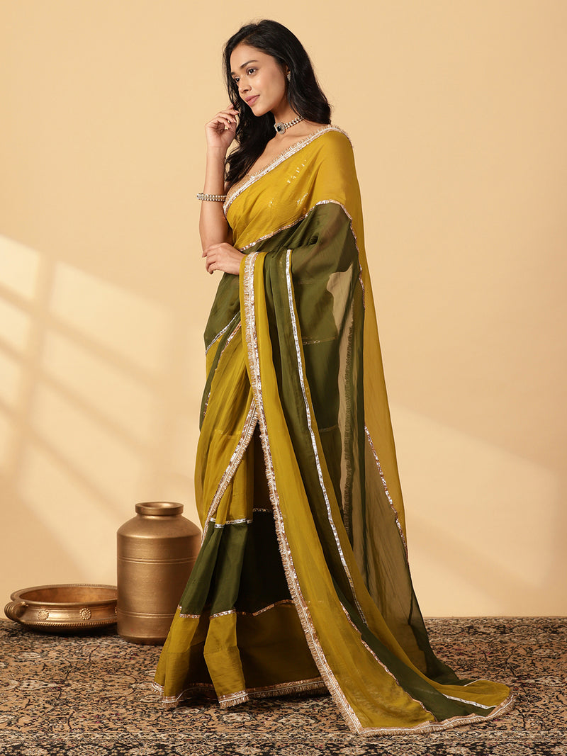 Harvest Green & Amber Olive Viscose Organza Multi Panelled Saree With Designer Lace