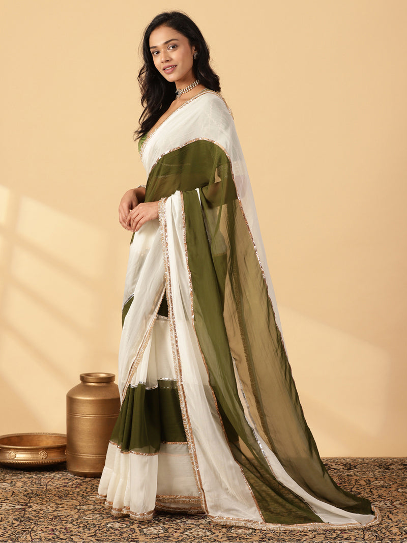 Harvest Green & Frost White Viscose Organza Multi Panelled Saree With Designer Lace