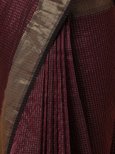 Maheshwari Cotton Silk Wine Pin Check Zari Saree