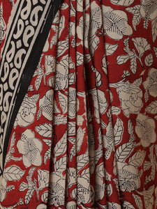 Hand Block Printed Floral Red Cotton Mulmul saree