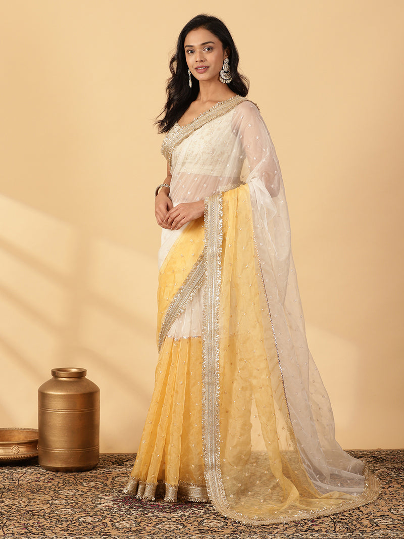 Bright Yellow & White Organza Sequin Butta Saree With Designer Embroidered Lace