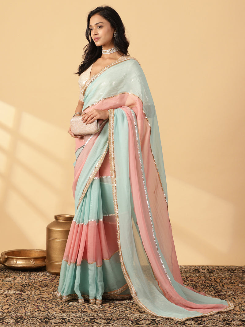 Cloudy Pink & Powder Blue Viscose Organza Multi Panelled Saree With Designer Lace