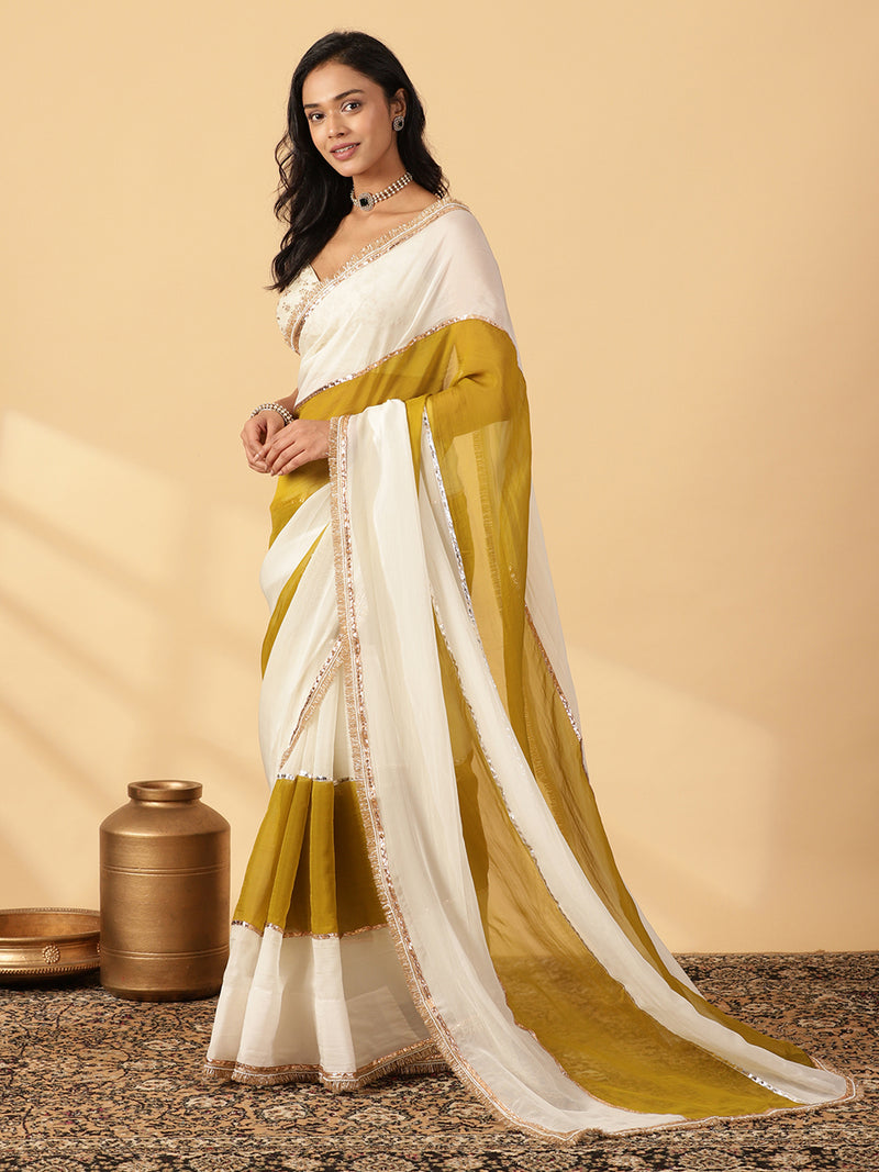 Amber Olive & Frost White Viscose Organza Multi Panelled Saree With Designer Lace