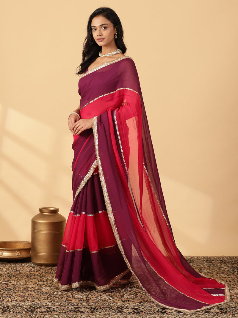 Velvet Plum & Pink Rush Viscose Organza Multi Panelled Saree With Designer Lace