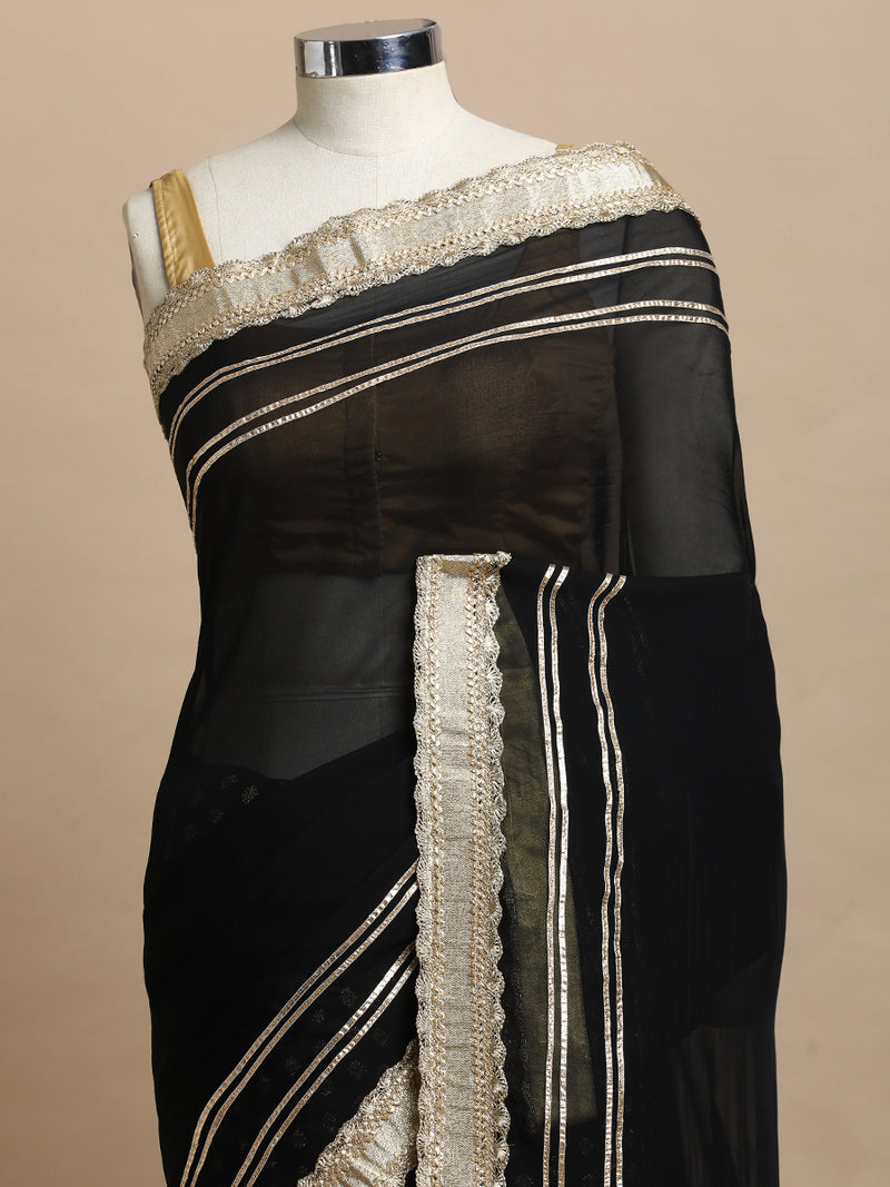 Tazmin x Tyohaar | Black Satin Viscose Butta & Viscose Organza Saree With Gotta Work Designer Lace