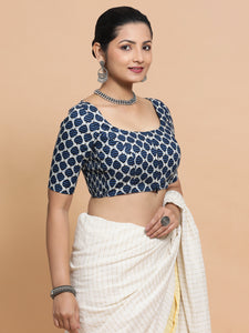 Vidhi x Rozaana | Three Quarter Sleeves Cotton Saree Blouse in Indigo Blue Leaf Block Print Fabric