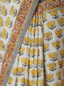 Hand Block Lotus Printed Cotton Mulmul saree