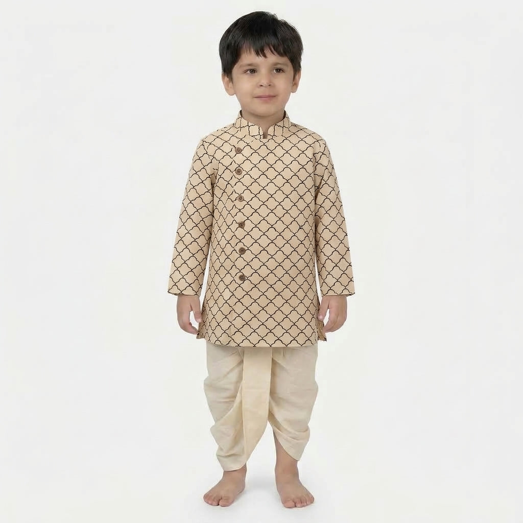 Riaan x Tyohaar | Kurta & Dhoti Pant Set in Cream Fishscale Block Print Cotton & Linen