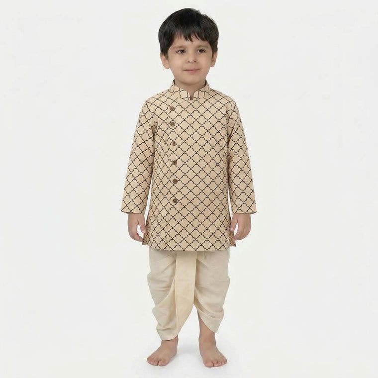 Riaan x Tyohaar | Kurta & Dhoti Pant Set in Cream Fishscale Block Print Cotton & Linen