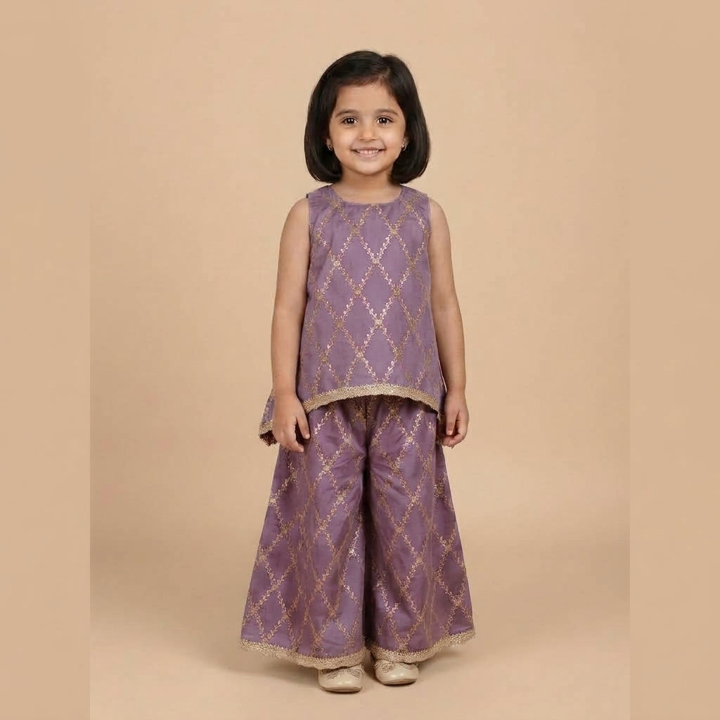 Poppy x Tyohaar | Moonlit Lavender Vine Mesh Brocade Tent Style Kurta & Flared Pant Set