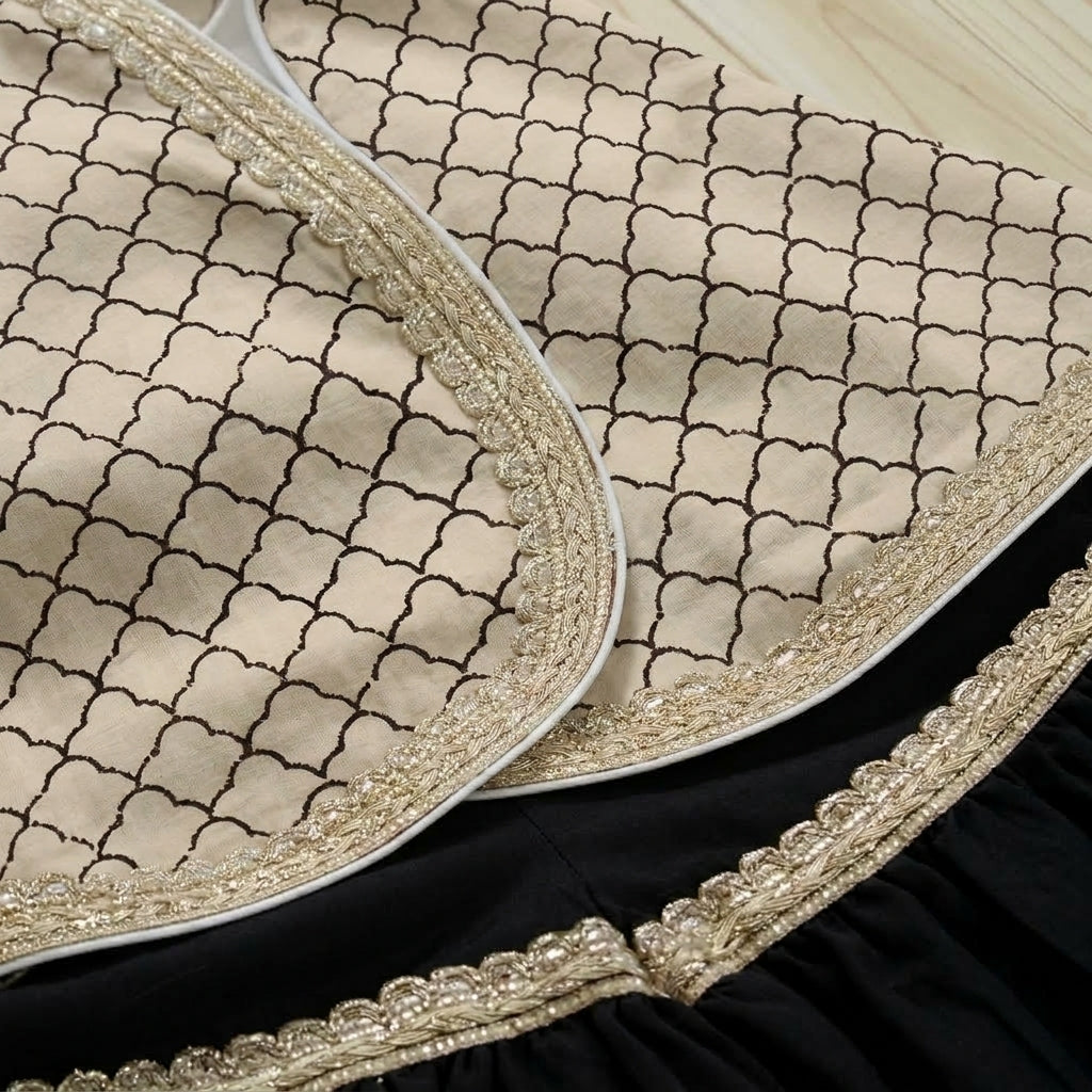 Mimi x Tyohaar | Angrakha-Sharara Set in Cream Fishscale Block Print Cotton