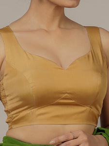 Ishika x Rozaana | Gold Sleeveless FlexiFit™ Saree Blouse with Beetle Leaf Neckline and Back Cut-out with Tie-Up