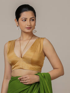 Ahana x Rozaana | Gold Sleeveless FlexiFit™ Saree Blouse with Plunging Neckline and Back Cut Out with Tie-up