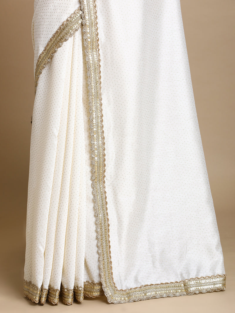Anwesha x Tyohaar | White Foil Chandheri Saree With Designer Embroidered Lace