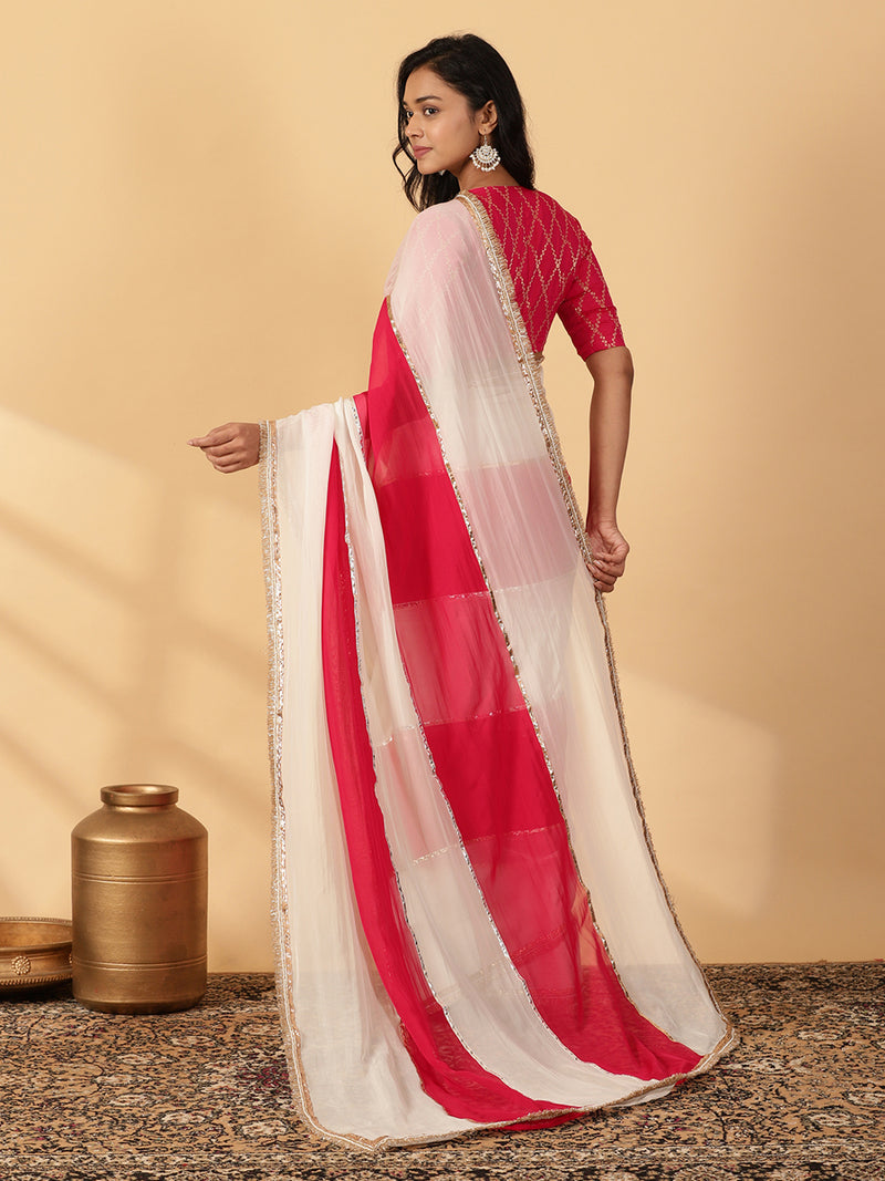Pink Rush & Frost White Viscose Organza Multi Panelled Saree With Designer Lace