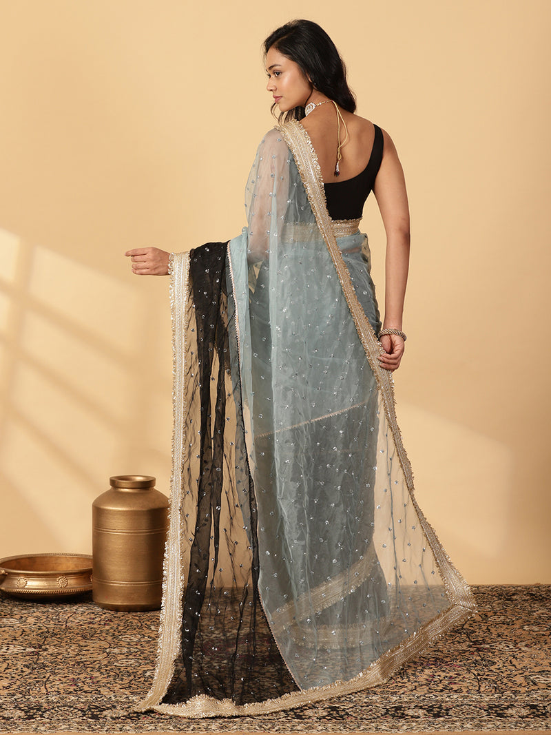 Blue & Black Organza Sequin Butta Saree With Designer Embroidered Lace