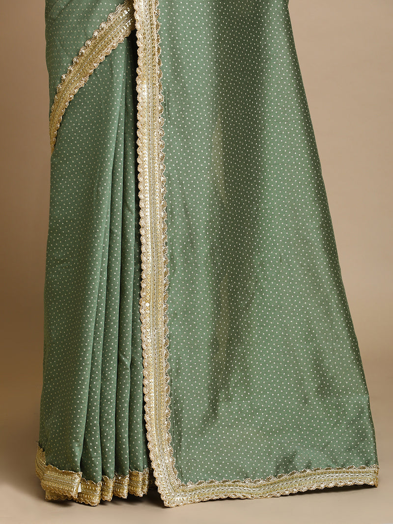 Anwesha x Tyohaar | Green Foil Chandheri Saree With Designer Embroidered Lace