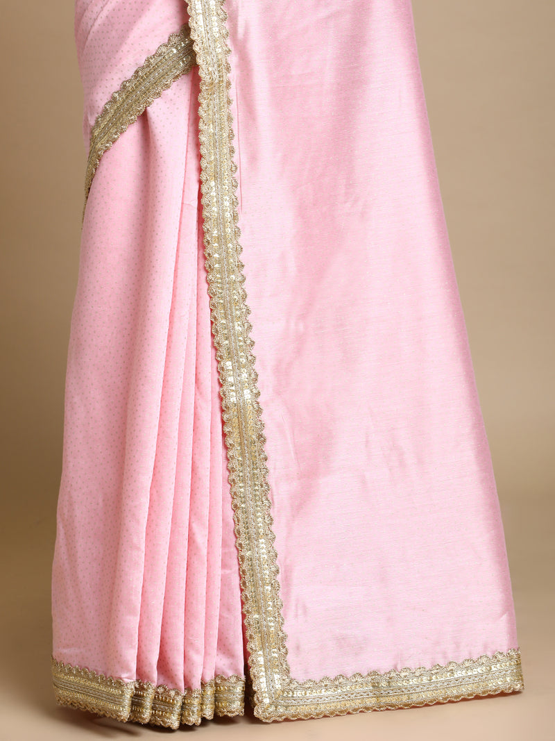 Anwesha x Tyohaar | Pink Foil Chandheri Saree With Designer Embroidered Lace