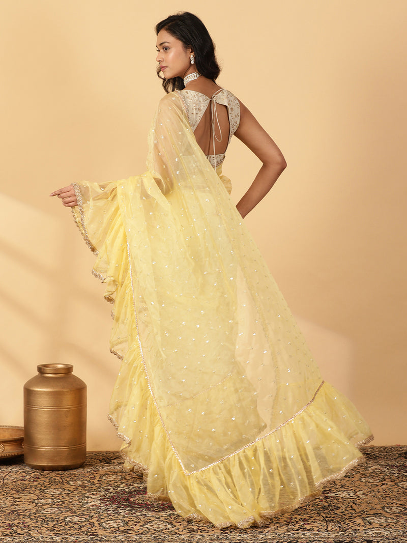Light Yellow Organza Sequin Butta Ruffle Saree With Designer Lace