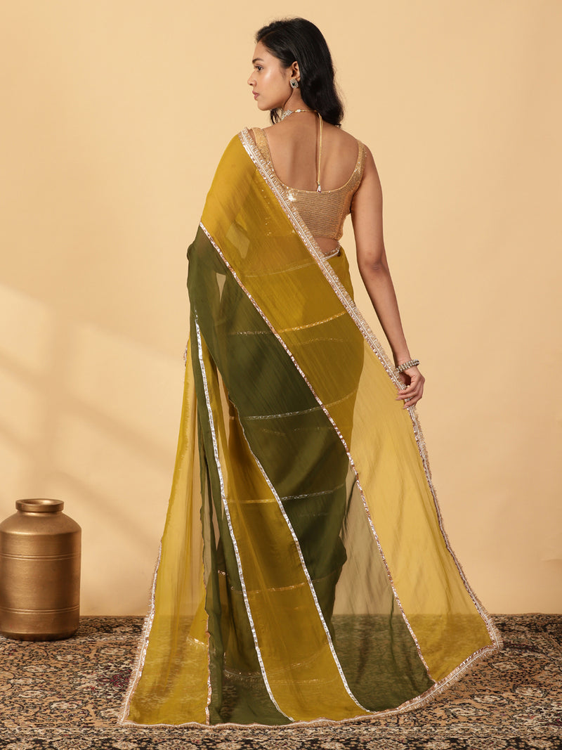 Harvest Green & Amber Olive Viscose Organza Multi Panelled Saree With Designer Lace