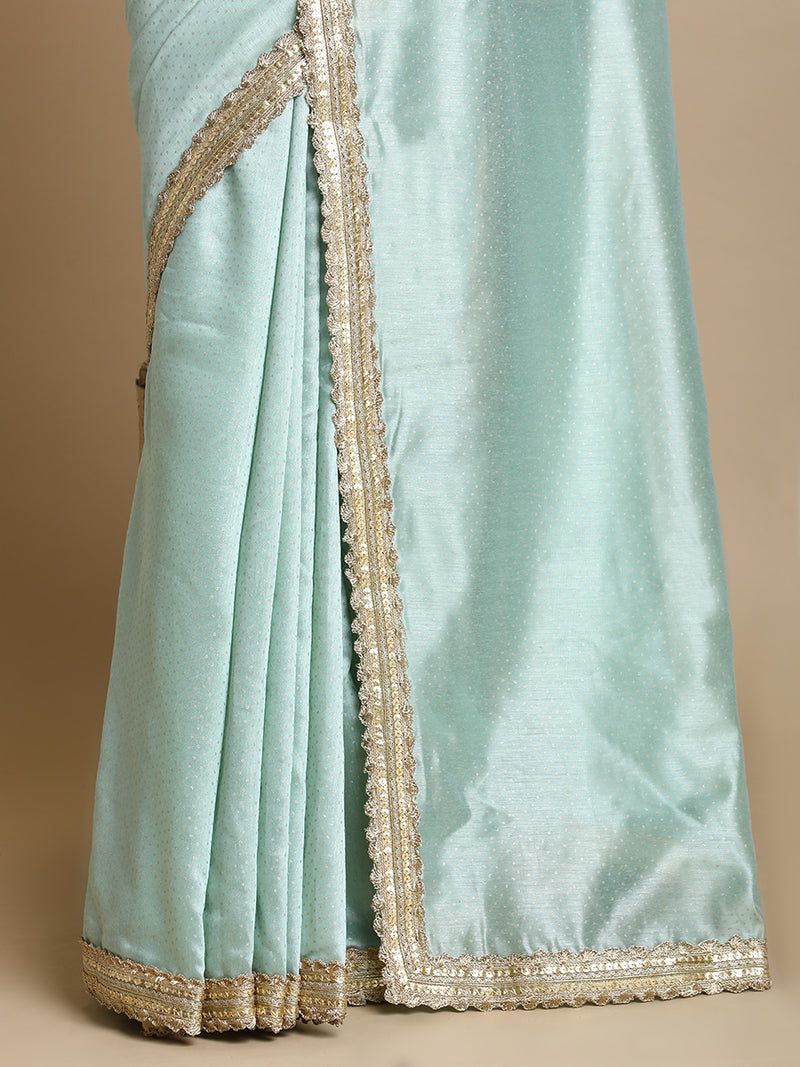 Anwesha x Tyohaar | Light Green Foil Chandheri Saree With Designer Embroidered Lace
