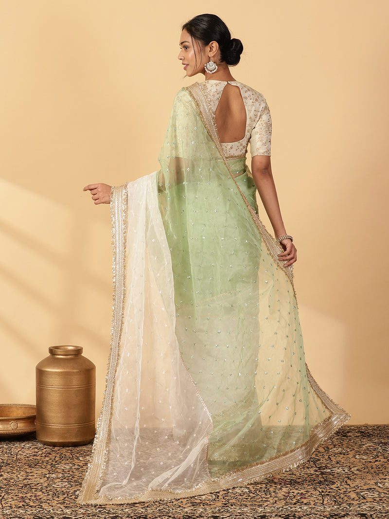Green & Oyster White Organza Sequin Butta Saree With Designer Embroidered Lace