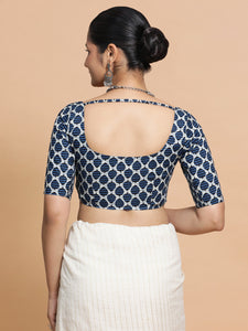 Vidhi x Rozaana | Three Quarter Sleeves Cotton Saree Blouse in Indigo Blue Leaf Block Print Fabric