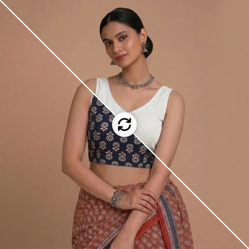 Ardha | Duet Reversible Blockprinted Indigo Flower & White Blockprinted Cotton CinchFit™ Saree Blouse