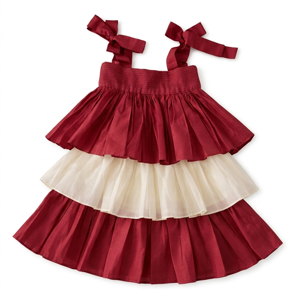 Evie x Tyohaar | Tiered Skirt & Top Set in Velvet Red Chanderi