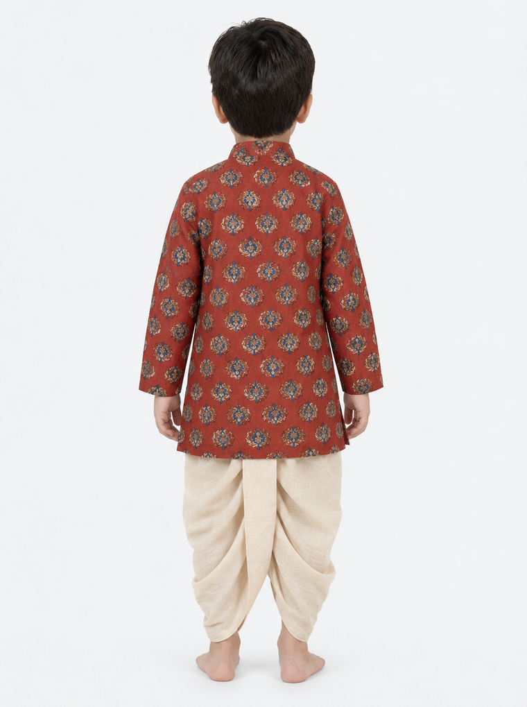 Aarush x Tyohaar | Kurta & Dhoti Pant Set in Crimson Field Block Print Cotton & Linen