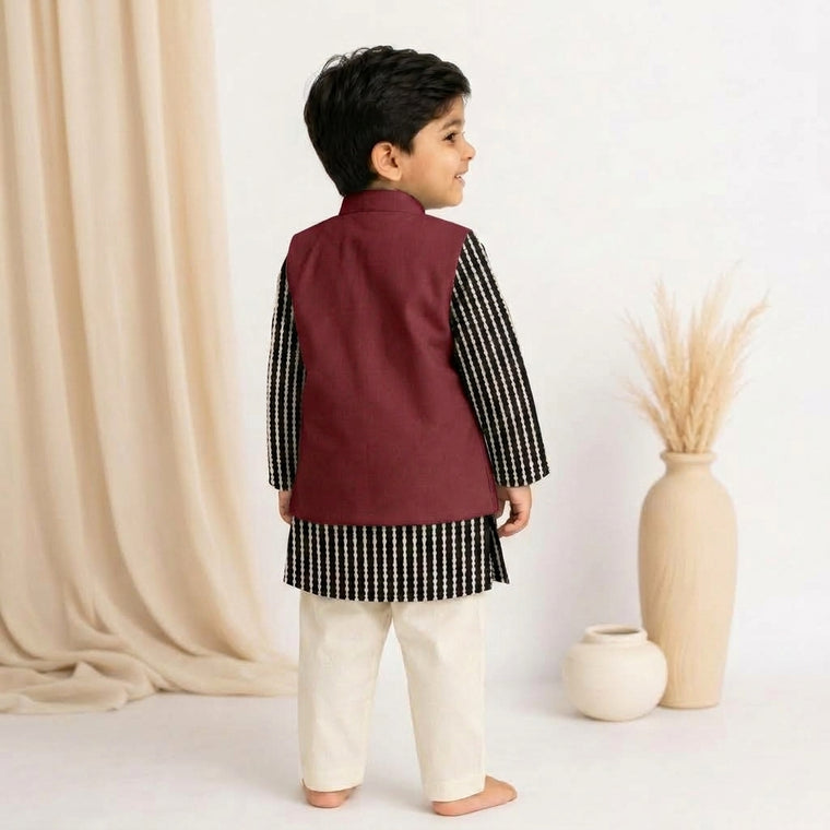 Kuro x Tyohaar | Kurta Pant & Jacket Set in Earthy Black Stripes Block Print Cotton & Linen