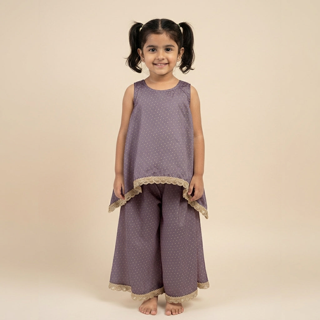 Kitty x Tyohaar | Lilac Foil Chandheri Tent Style Kurta & Flared Pant Set