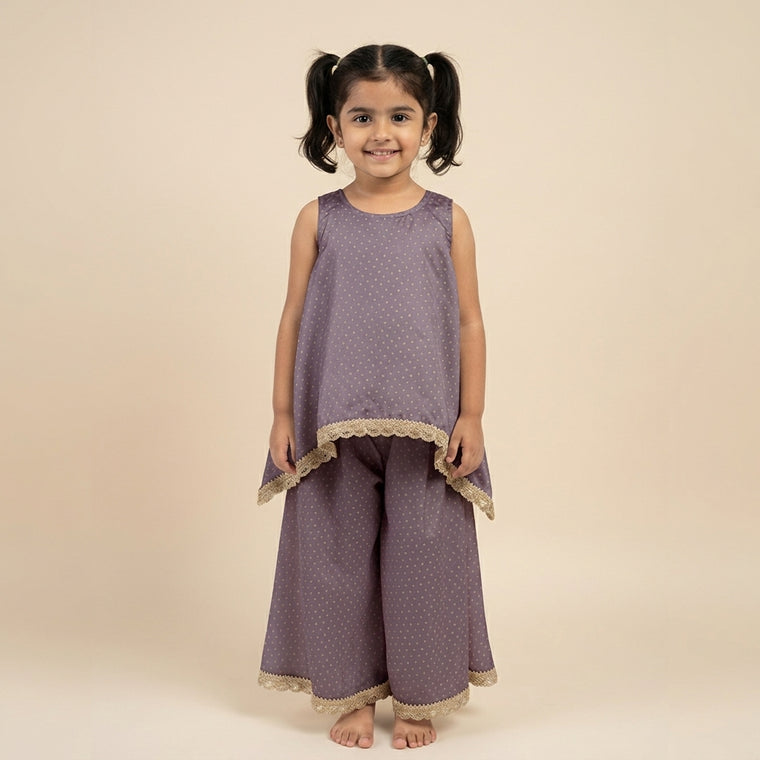 Kitty x Tyohaar | Lilac Foil Chandheri Tent Style Kurta & Flared Pant Set