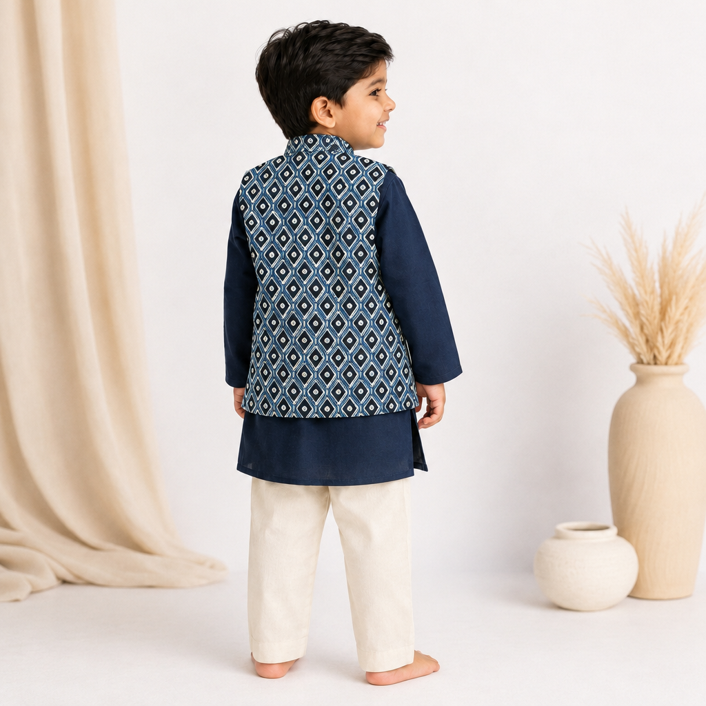 Kiro x Tyohaar | Kurta Pant & Jacket Set in Blue Honeycomb Cotton & Linen