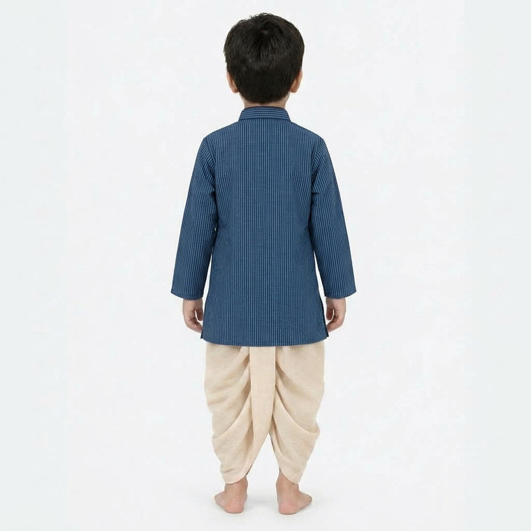 Kairav x Tyohaar | Kurta & Dhoti Pant Set in Indigo Silver Stripe Cotton & Linen