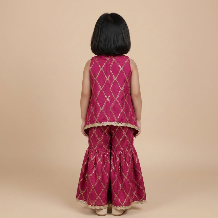Poppy x Tyohaar | Rosy Pink Vine Mesh Brocade Tent Style Kurta & Flared Pant Set