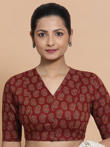 Ishani x Rozaana | Elbow Sleeves Cotton Saree Blouse in Red Mango Block Print Fabric