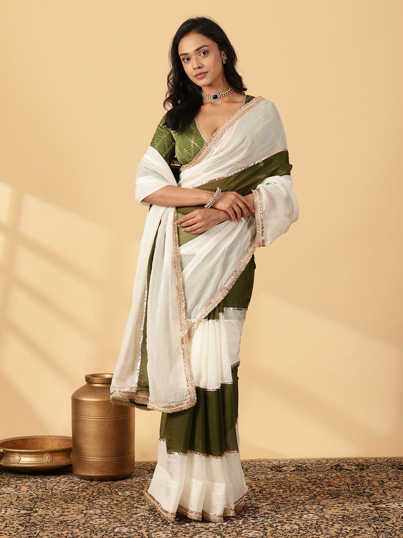 Harvest Green & Frost White Viscose Organza Multi Panelled Saree With Designer Lace