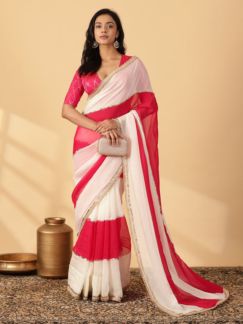 Pink Rush & Frost White Viscose Organza Multi Panelled Saree With Designer Lace