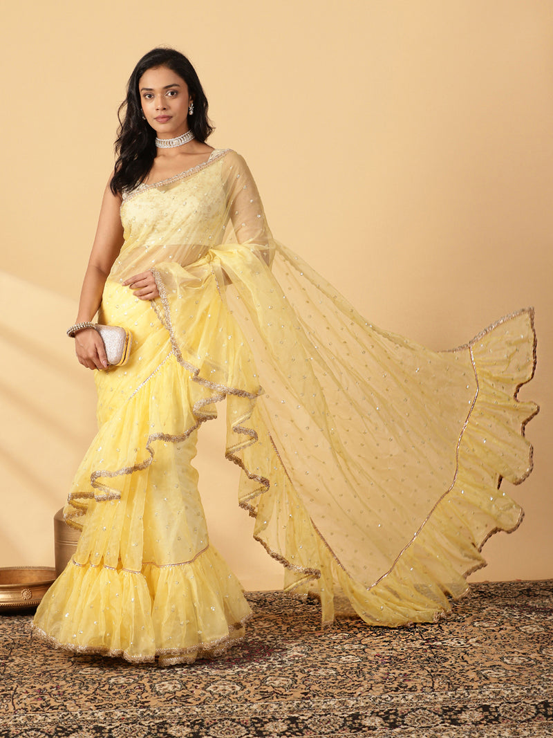 Light Yellow Organza Sequin Butta Ruffle Saree With Designer Lace