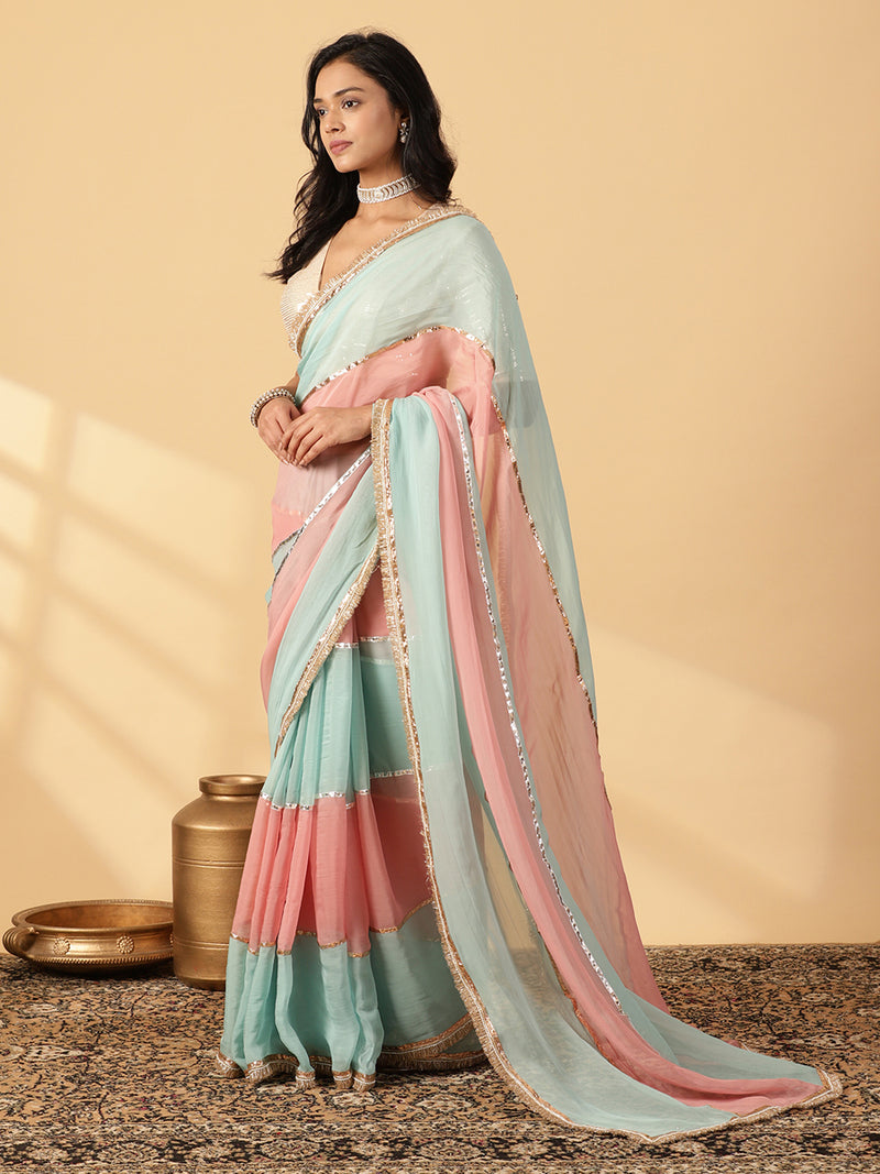 Cloudy Pink & Powder Blue Viscose Organza Multi Panelled Saree With Designer Lace