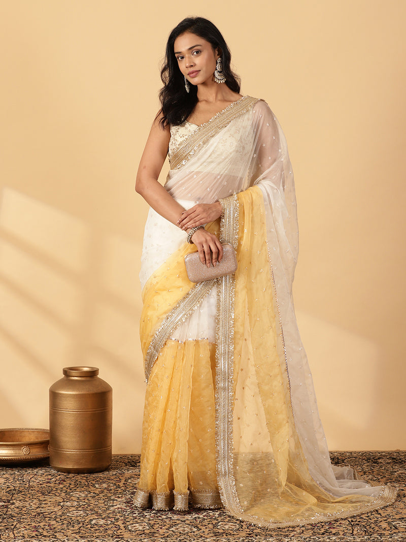 Bright Yellow & White Organza Sequin Butta Saree With Designer Embroidered Lace