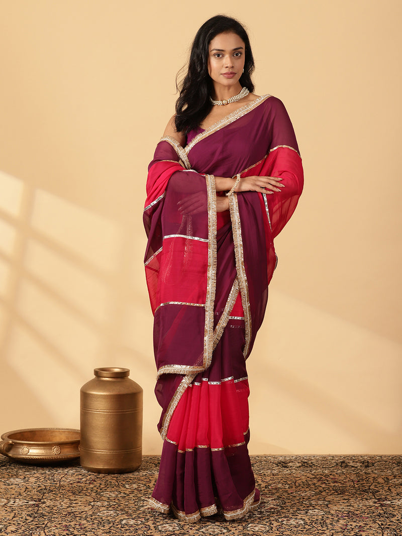 Velvet Plum & Pink Rush Viscose Organza Multi Panelled Saree With Designer Lace