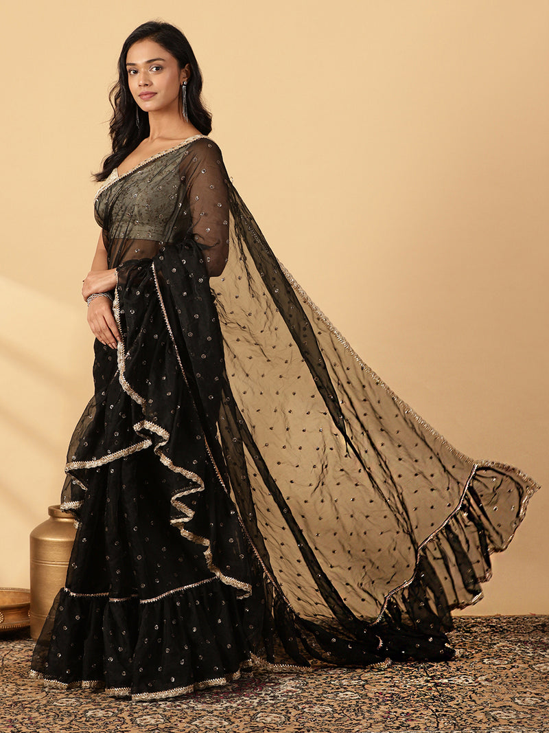 Black Organza Sequin Butta Ruffle Saree With Designer Lace