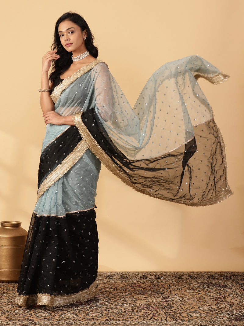 Blue & Black Organza Sequin Butta Saree With Designer Embroidered Lace