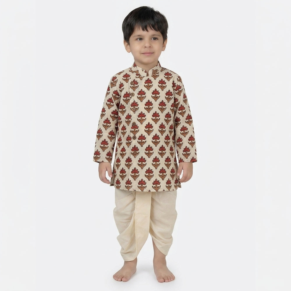 Ruhil x Tyohaar | Kurta & Dhoti Pant Set in Tulip Bloom Cream Block Print Cotton & Linen
