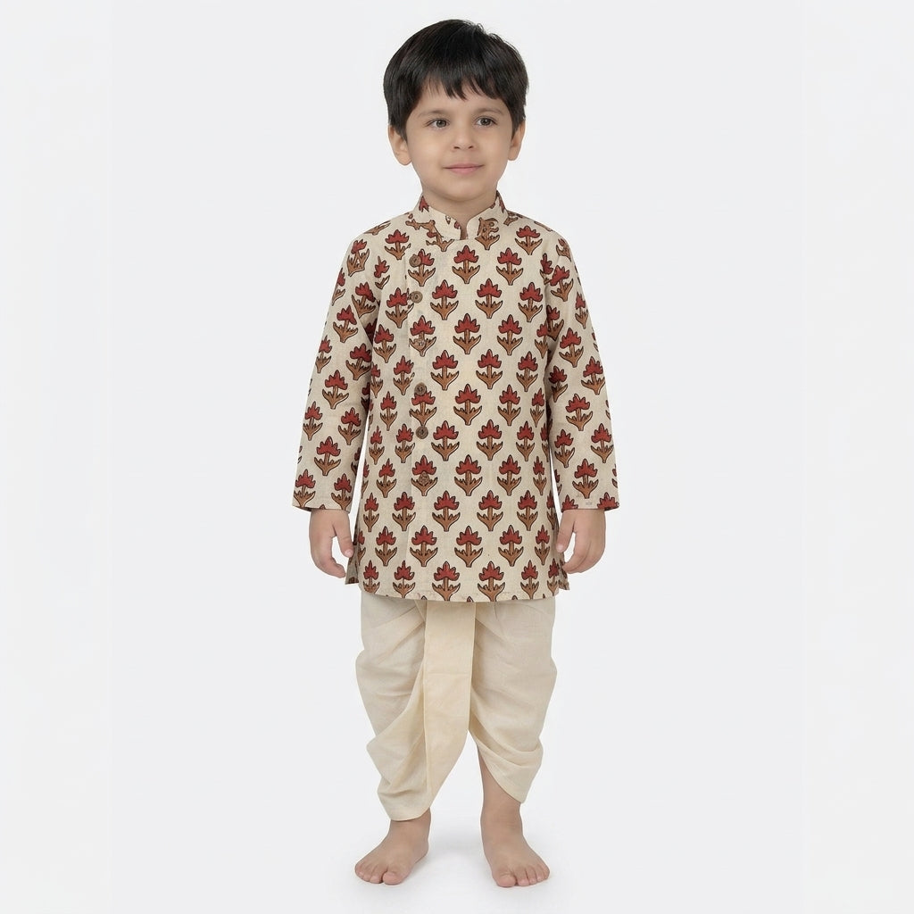 Ruhil x Tyohaar | Kurta & Dhoti Pant Set in Tulip Bloom Cream Block Print Cotton & Linen
